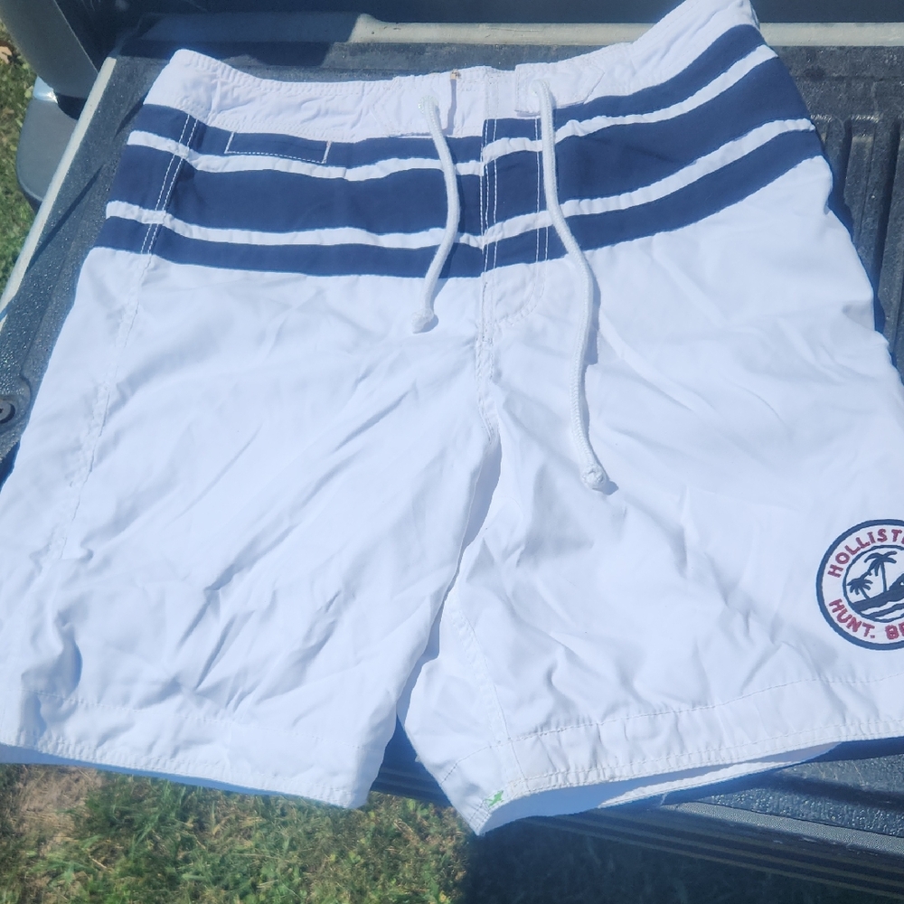 Hollister White and Blue Board Shorts with Nautical Stripes Mens XL